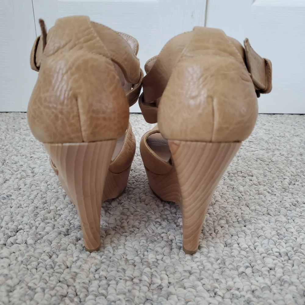 Pura Lopez tan sandal wedge peep toe wood heel